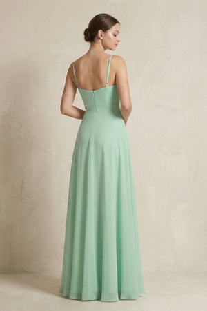 A-Line Ruffled Spaghetti Strap Chiffon Bridesmaid Dress in Pale Pistachio - KISS BRIDAL BRIDESMAID DRESSES