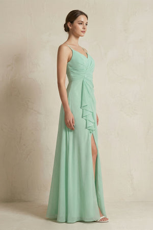 A-Line Ruffled Spaghetti Strap Chiffon Bridesmaid Dress in Pale Pistachio - KISS BRIDAL BRIDESMAID DRESSES