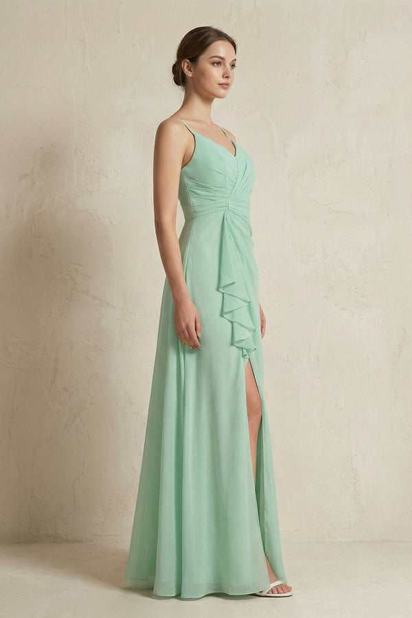 A-Line Ruffled Spaghetti Strap Chiffon Bridesmaid Dress in Pale Pistachio - KISS BRIDAL BRIDESMAID DRESSES