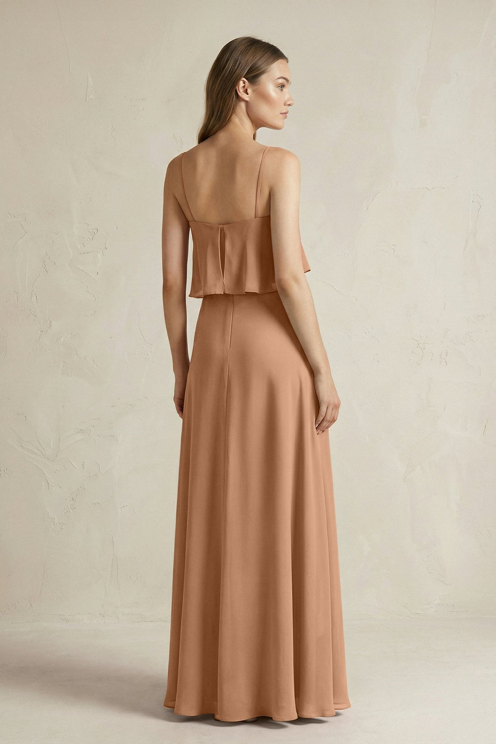 Ruffled Spaghetti Strap A-Line Chiffon Bridesmaid Dress in Bronzer