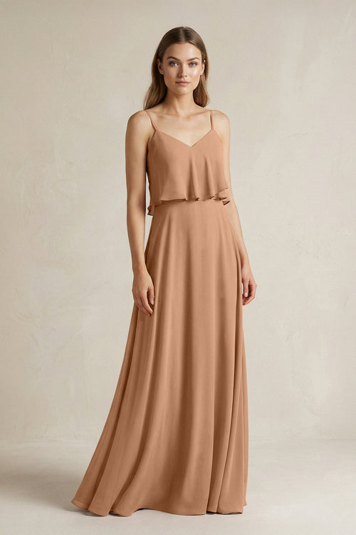 Ruffled Spaghetti Strap A - Line Chiffon Bridesmaid Dress in Bronzer - KISS BRIDAL Bridesmaid Dresses