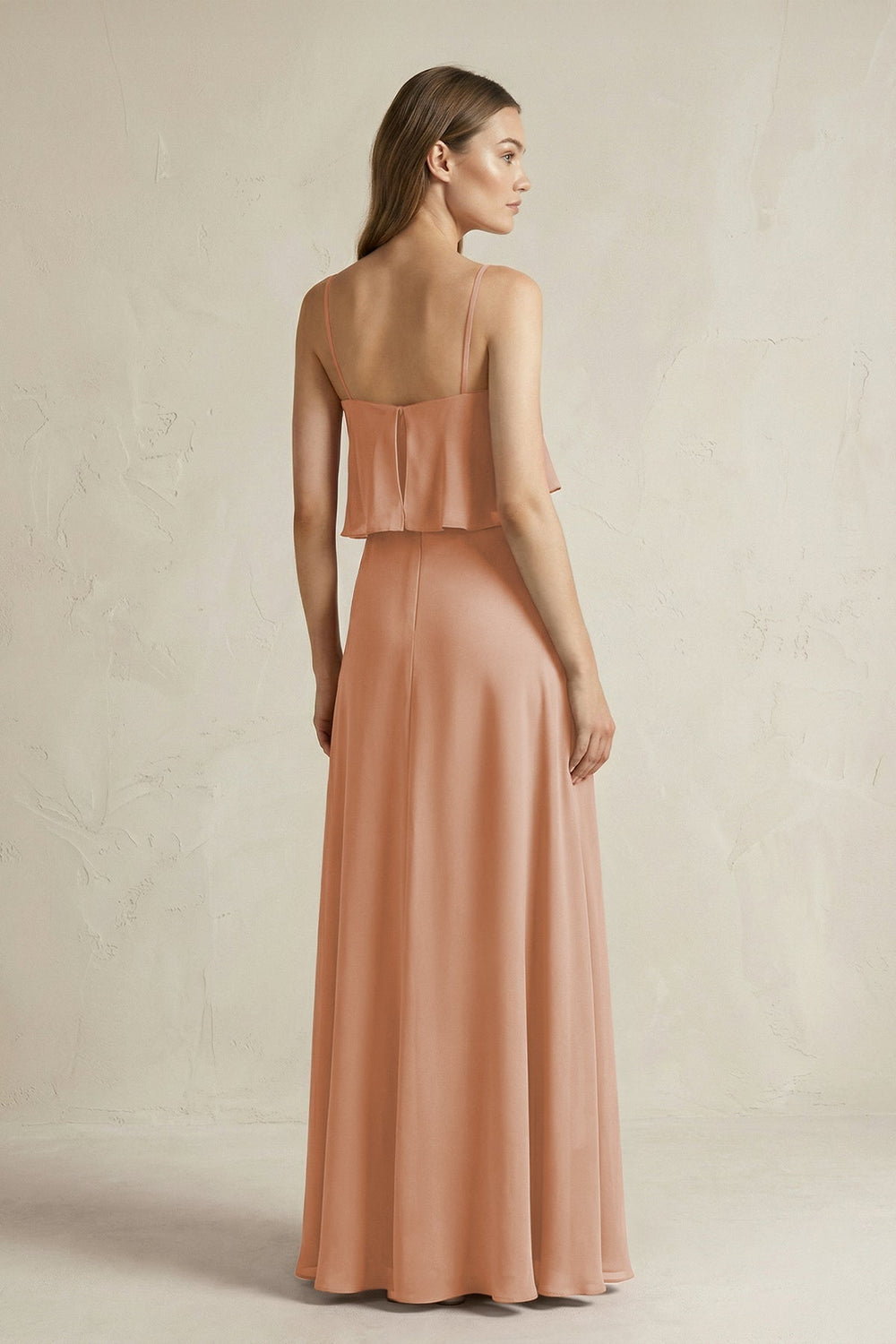 Ruffled Spaghetti Strap A-Line Chiffon Bridesmaid Dress in Champagne Rose