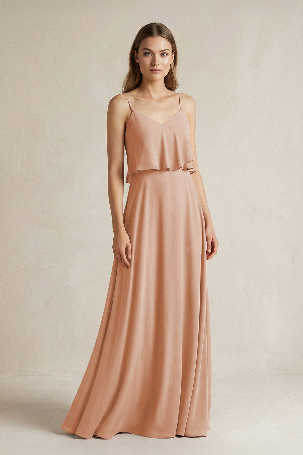 Ruffled Spaghetti Strap A-Line Chiffon Bridesmaid Dress in Champagne Rose