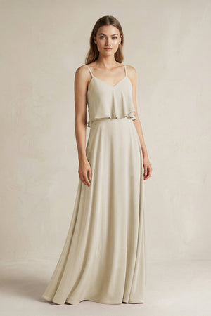 Ruffled Spaghetti Strap A - Line Chiffon Bridesmaid Dress in Dove Gray - KISS BRIDAL Bridesmaid Dresses