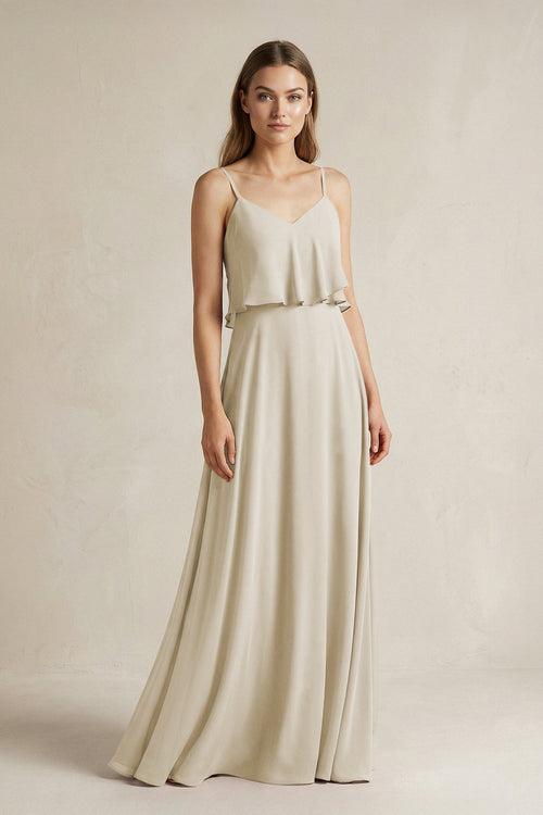 Ruffled Spaghetti Strap A - Line Chiffon Bridesmaid Dress in Dove Gray - KISS BRIDAL Bridesmaid Dresses