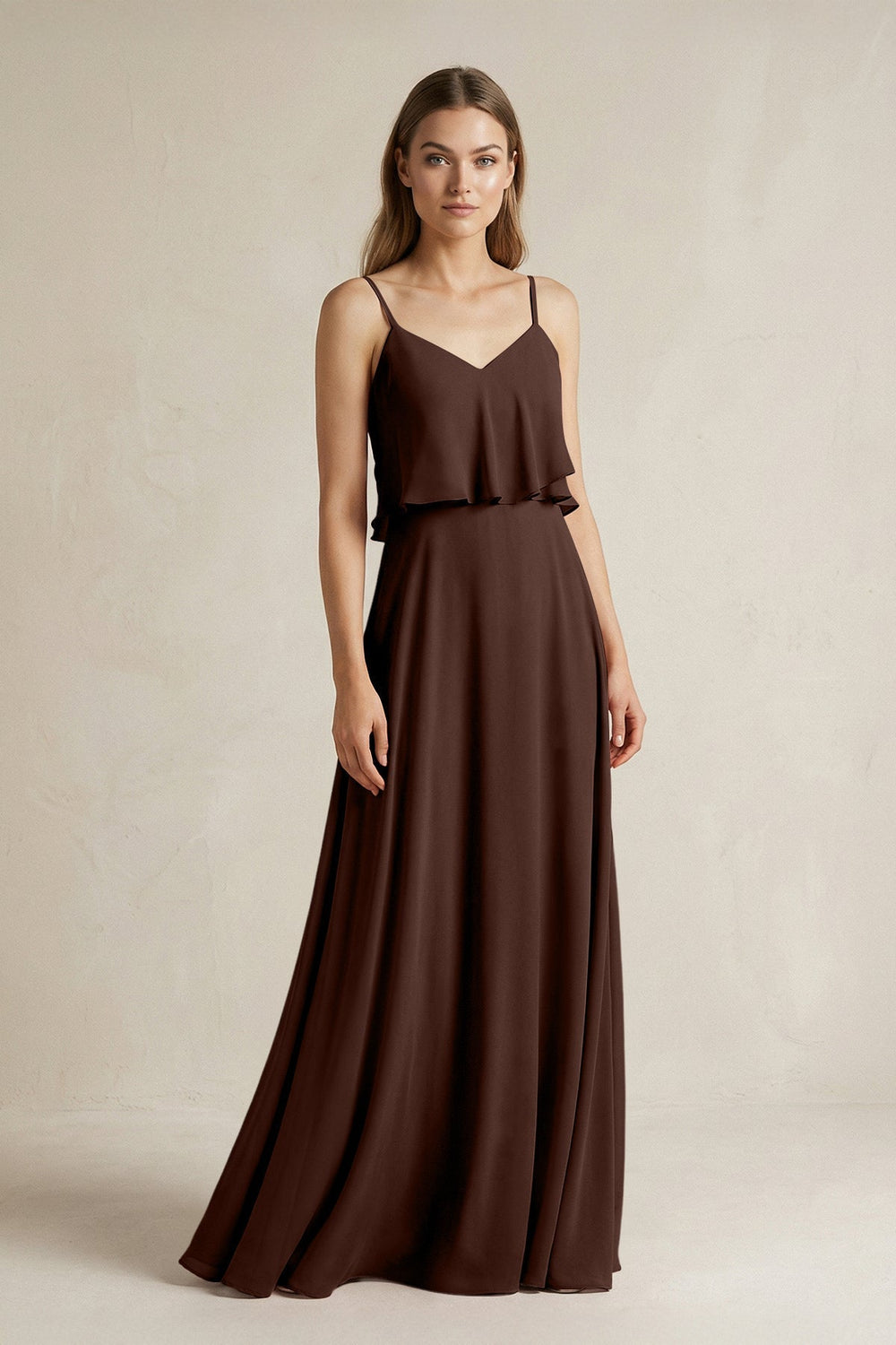 Ruffled Spaghetti Strap A-Line Chiffon Bridesmaid Dress in Espresso