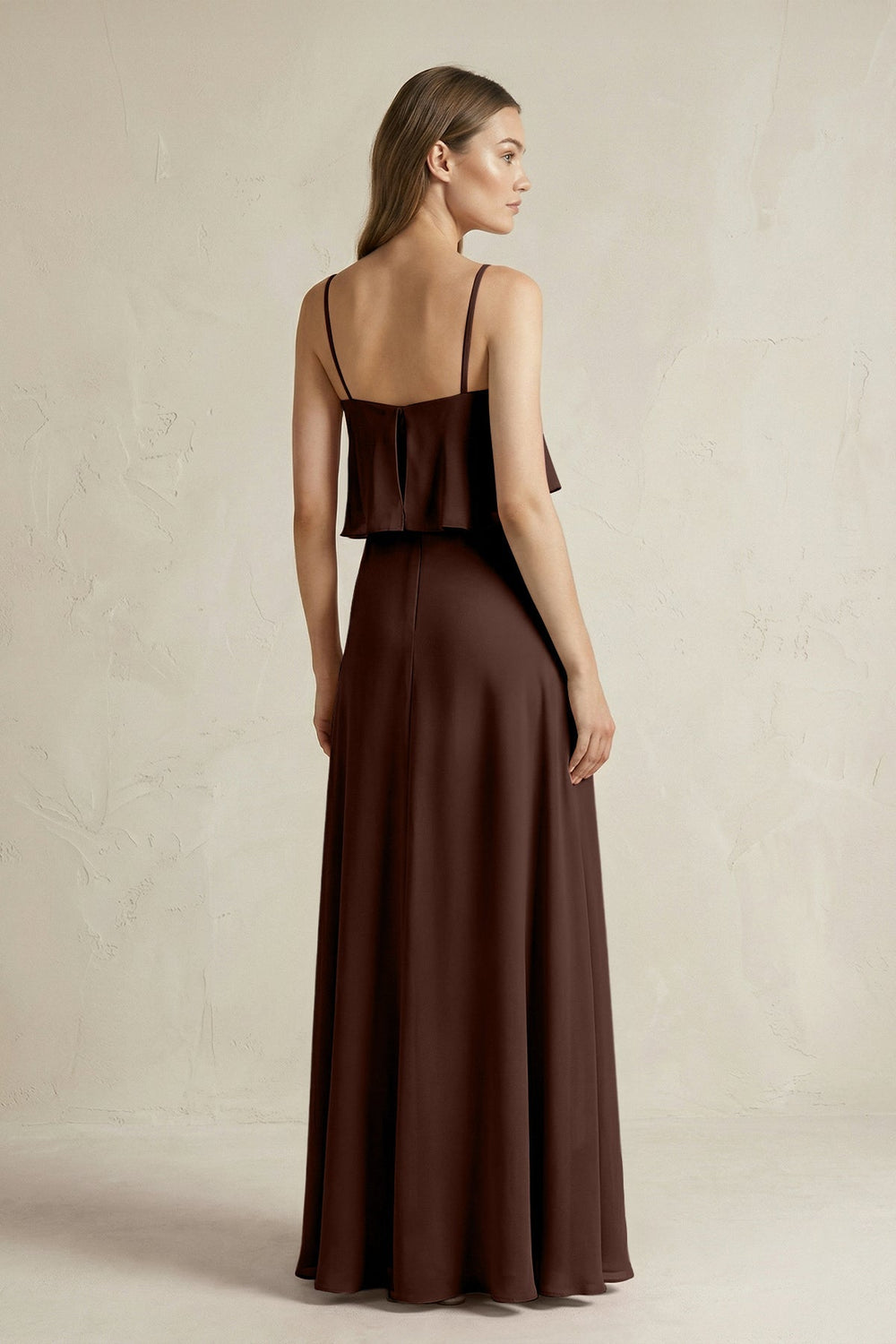 Ruffled Spaghetti Strap A-Line Chiffon Bridesmaid Dress in Espresso
