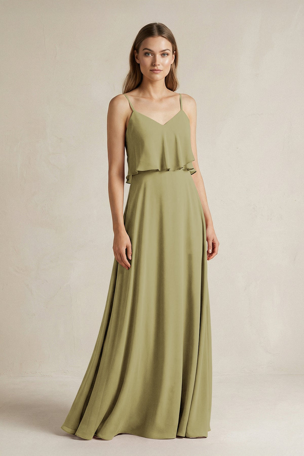 Ruffled Spaghetti Strap A-Line Chiffon Bridesmaid Dress in Moss Green