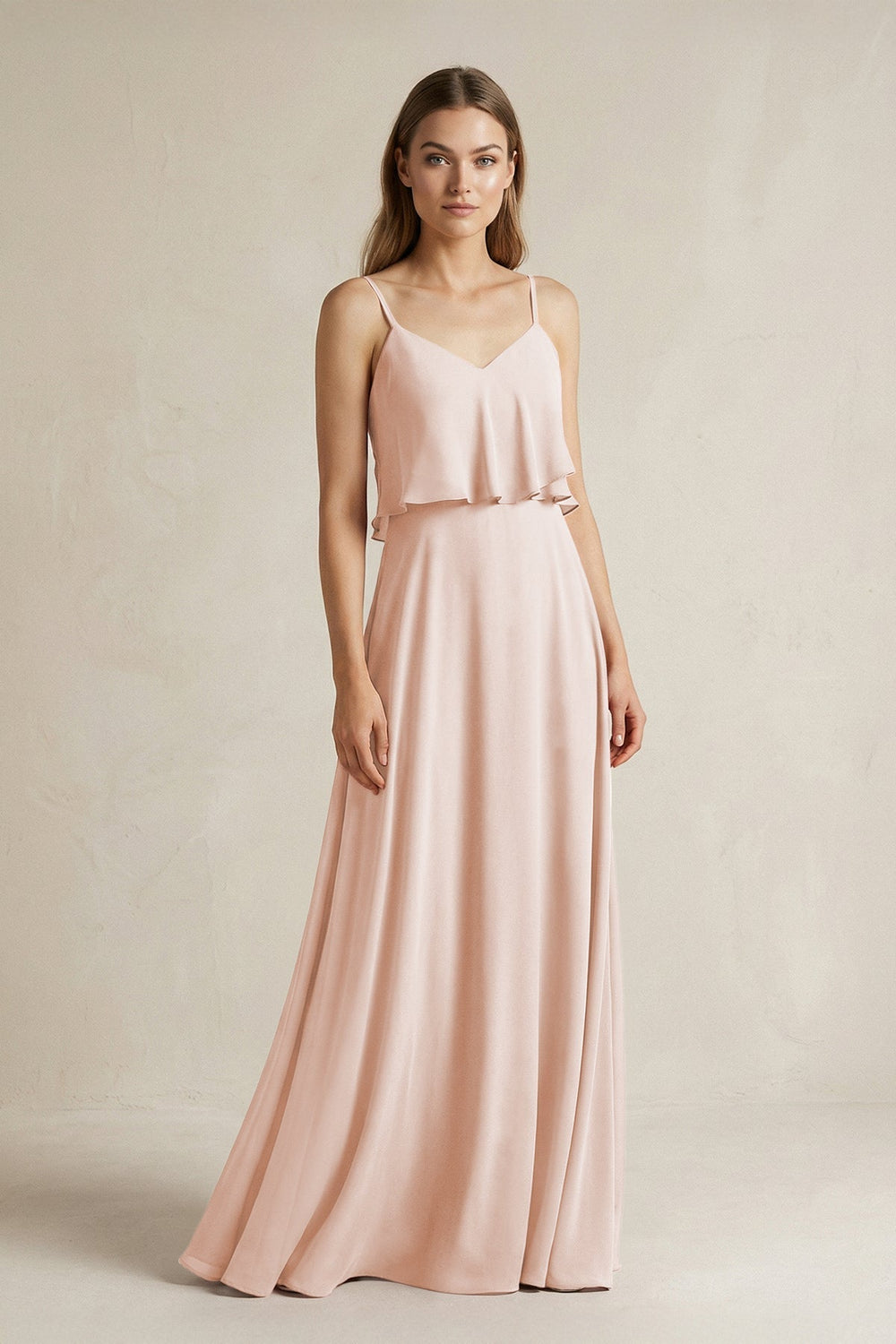 Ruffled Spaghetti Strap A-Line Chiffon Bridesmaid Dress in Pale Blush