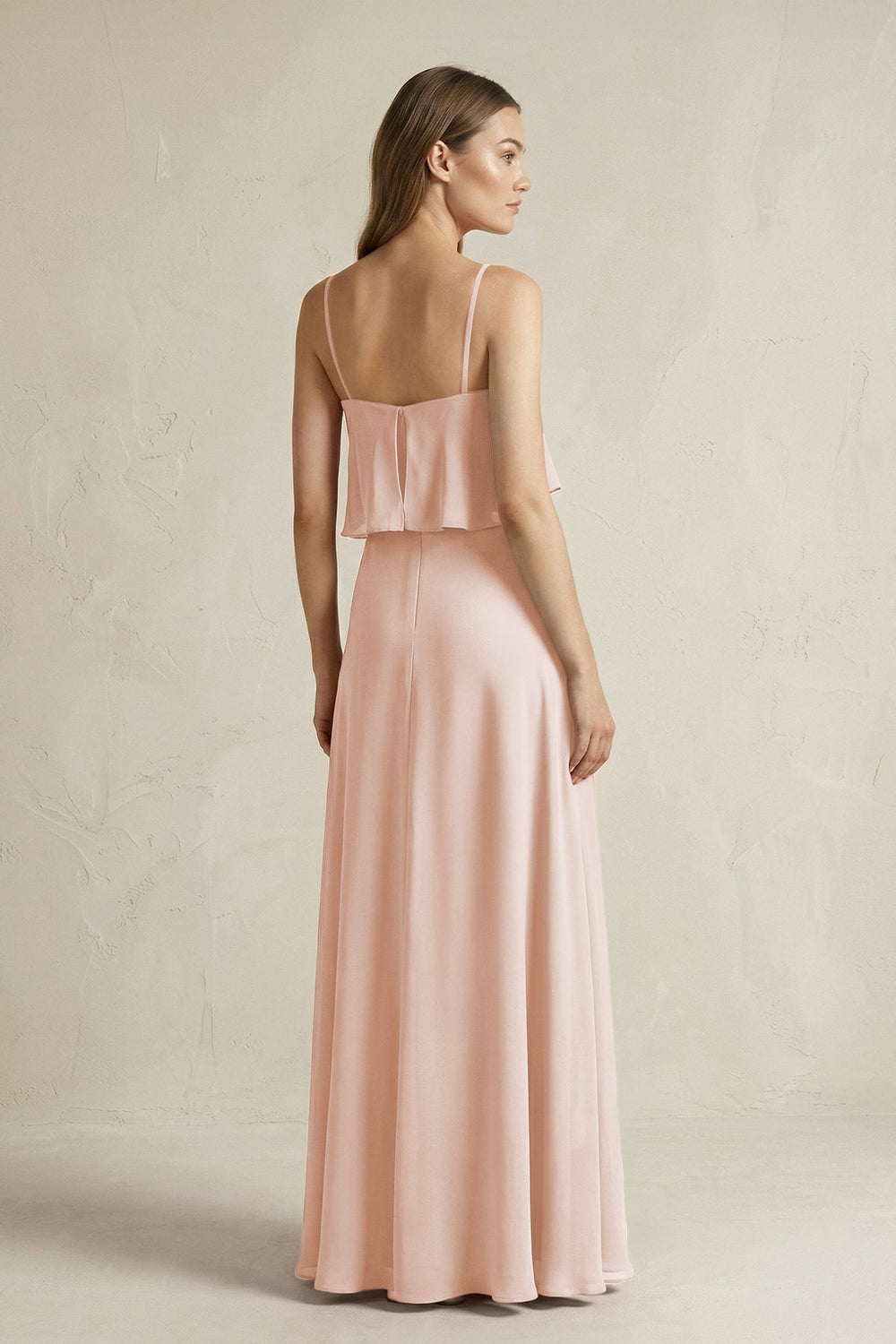 Ruffled Spaghetti Strap A-Line Chiffon Bridesmaid Dress in Pale Blush