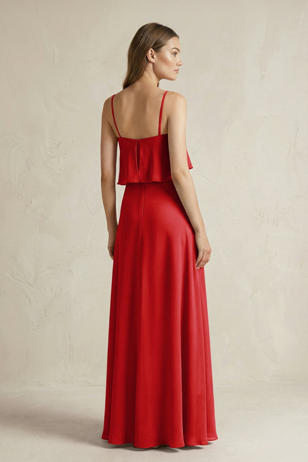 Ruffled Spaghetti Strap A - Line Chiffon Bridesmaid Dress in Ruby Red - KISS BRIDAL Bridesmaid Dresses