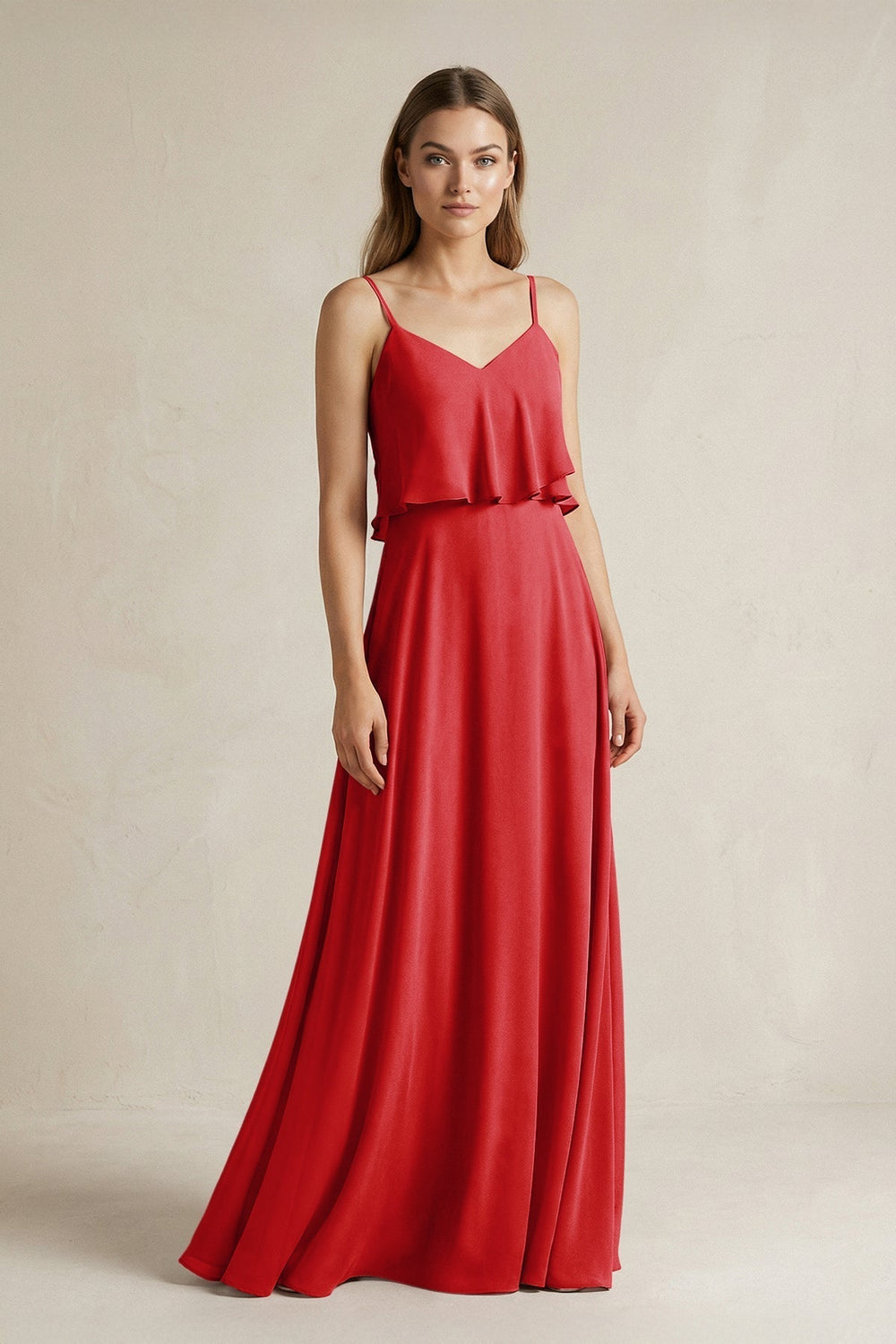 Ruffled Spaghetti Strap A-Line Chiffon Bridesmaid Dress in Ruby Red