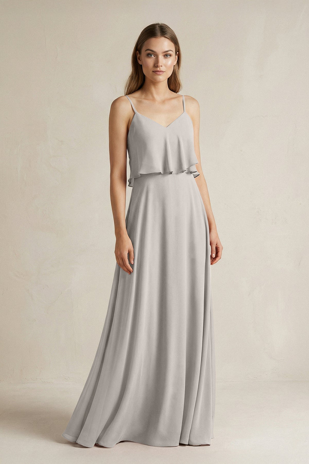 Ruffled Spaghetti Strap A-Line Chiffon Bridesmaid Dress in Silver