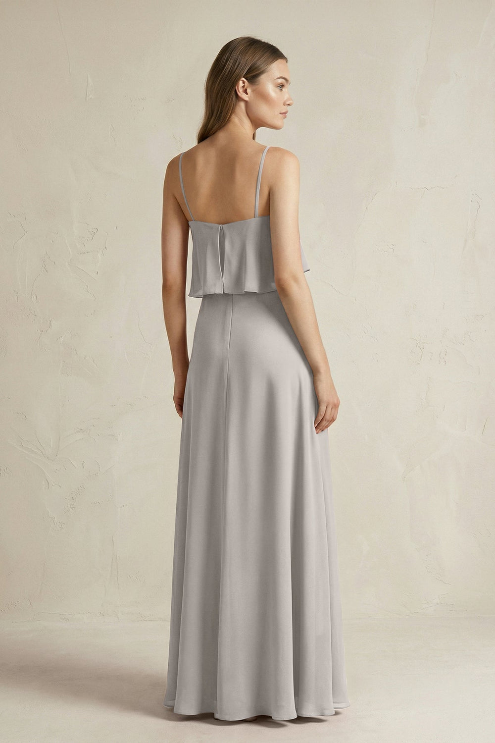 Ruffled Spaghetti Strap A-Line Chiffon Bridesmaid Dress in Silver