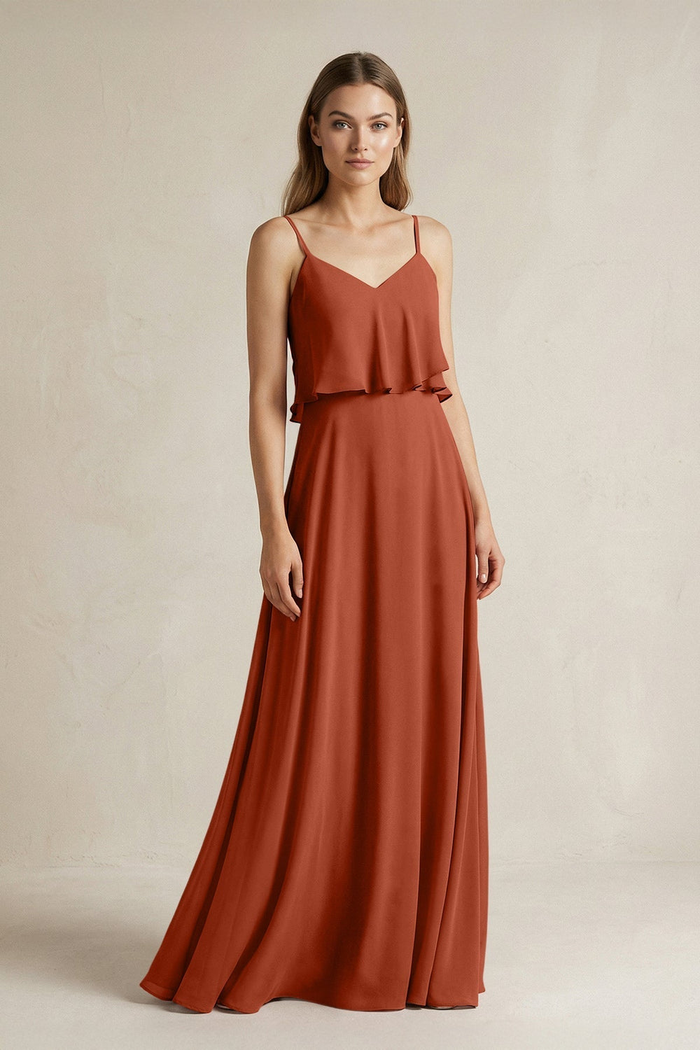 Ruffled Spaghetti Strap A-Line Chiffon Bridesmaid Dress in Spice