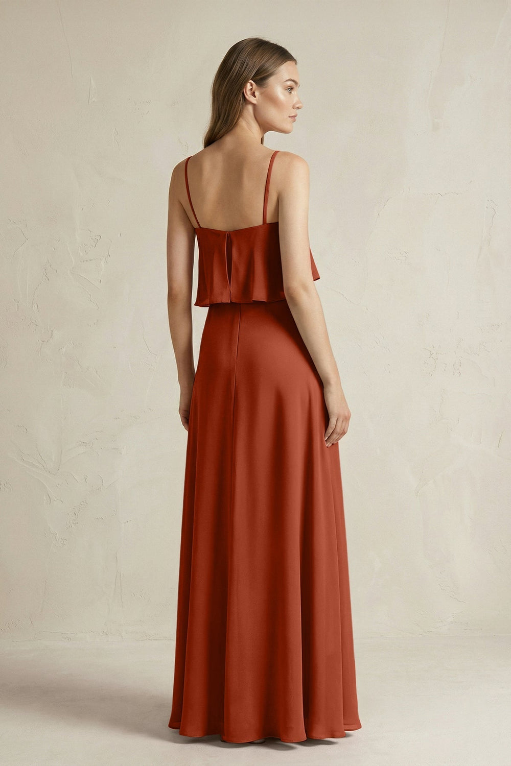 Ruffled Spaghetti Strap A-Line Chiffon Bridesmaid Dress in Spice