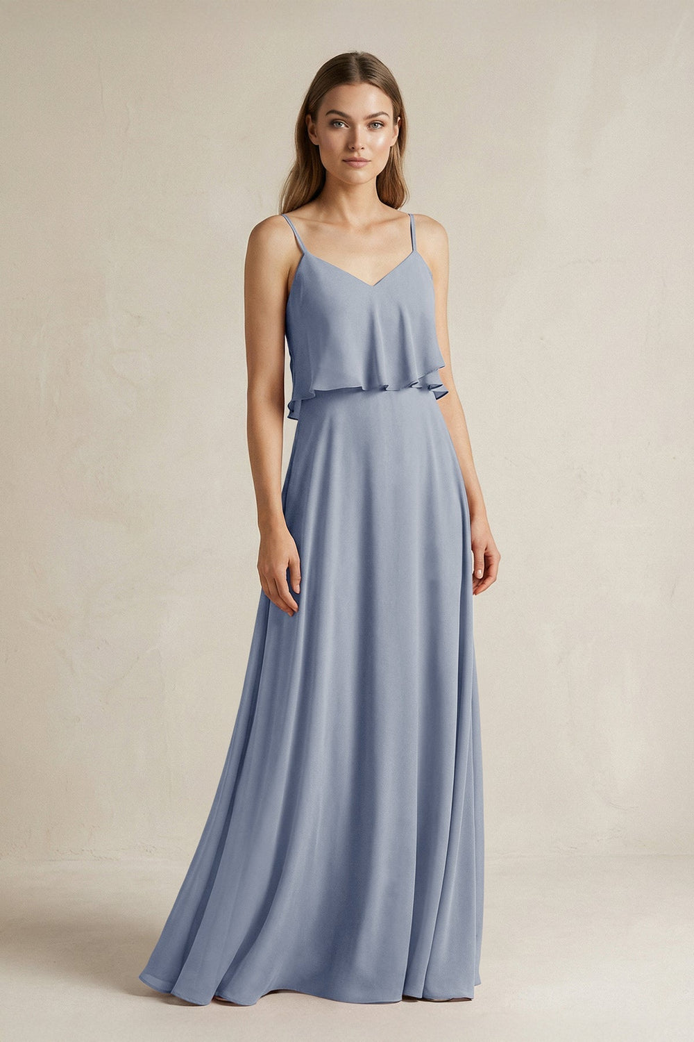 Ruffled Spaghetti Strap A-Line Chiffon Bridesmaid Dress in Twilight