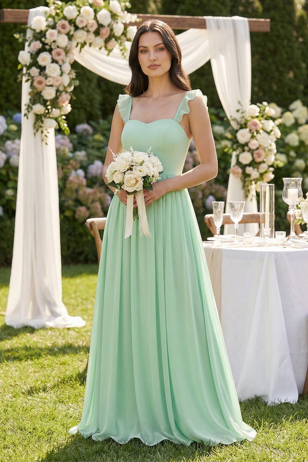 Ruffled Spaghetti Strap Chiffon A-Line Bridesmaid Dress in Pale Pistachio - KISS BRIDAL BRIDESMAID DRESSES