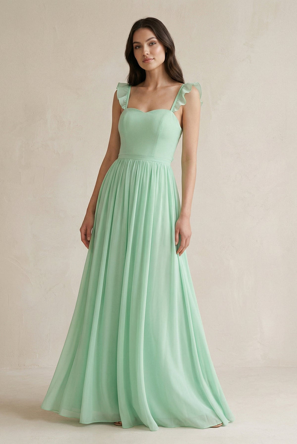 Ruffled Spaghetti Strap Chiffon A-Line Bridesmaid Dress in Pale Pistachio
