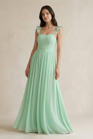 Ruffled Spaghetti Strap Chiffon A-Line Bridesmaid Dress in Pale Pistachio - KISS BRIDAL BRIDESMAID DRESSES