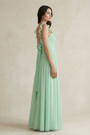 Ruffled Spaghetti Strap Chiffon A-Line Bridesmaid Dress in Pale Pistachio - KISS BRIDAL BRIDESMAID DRESSES