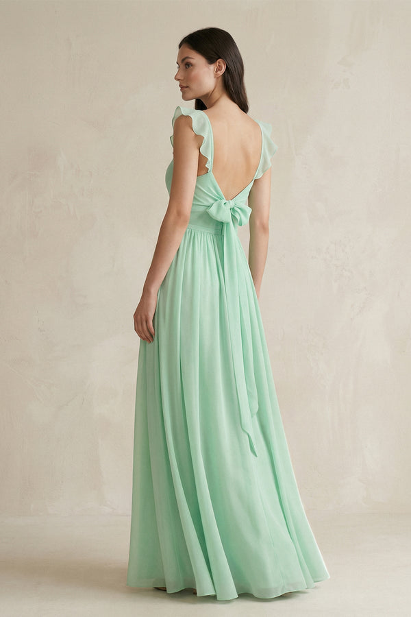 Ruffled Spaghetti Strap Chiffon A-Line Bridesmaid Dress in Pale Pistachio - KISS BRIDAL BRIDESMAID DRESSES