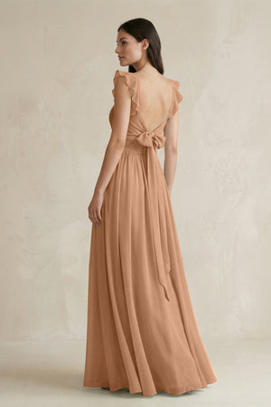Ruffled Spaghetti Strap Chiffon A - Line Bridesmaid Dress in Bronzer - KISS BRIDAL Bridesmaid Dresses