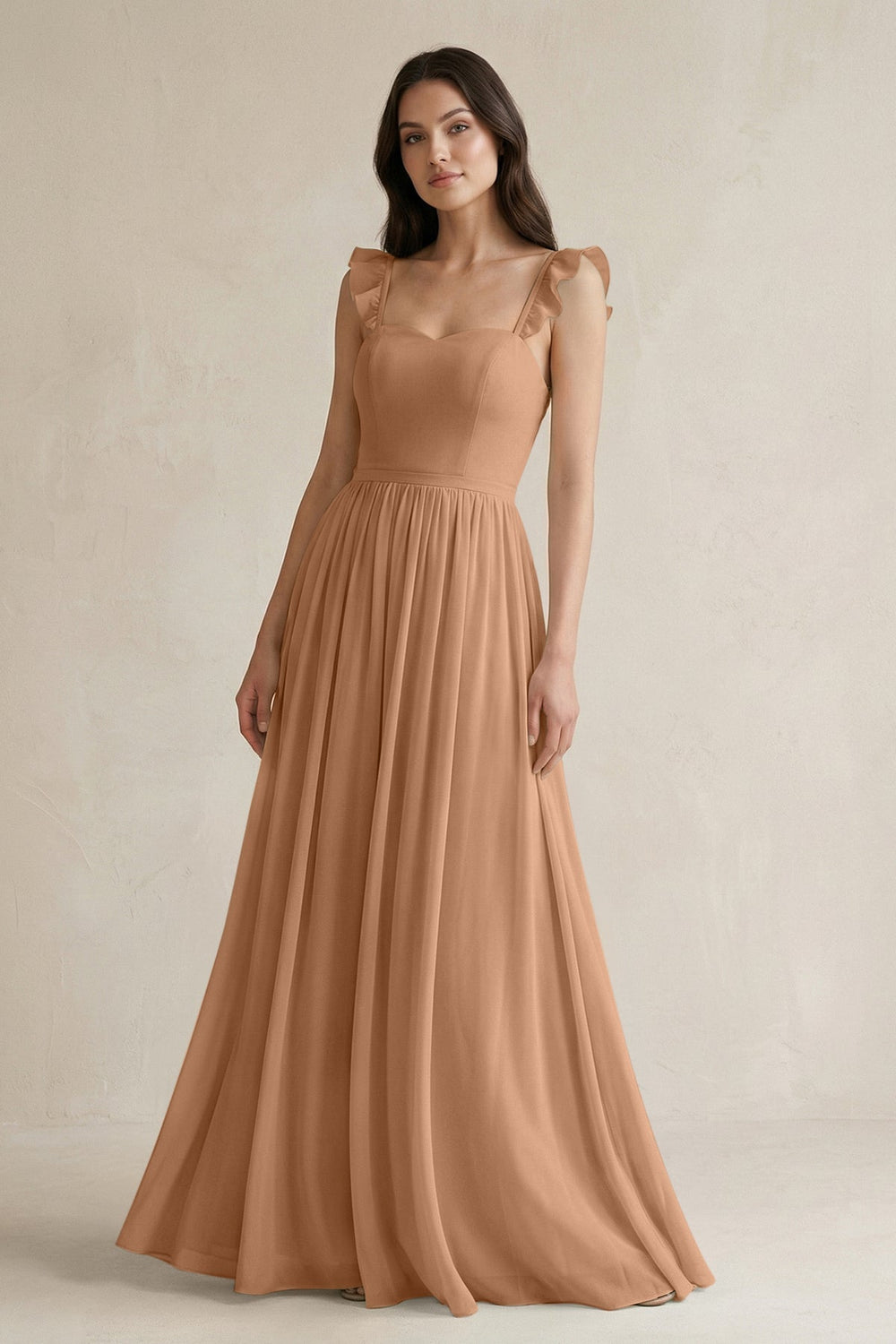 Ruffled Spaghetti Strap Chiffon A-Line Bridesmaid Dress in Bronzer
