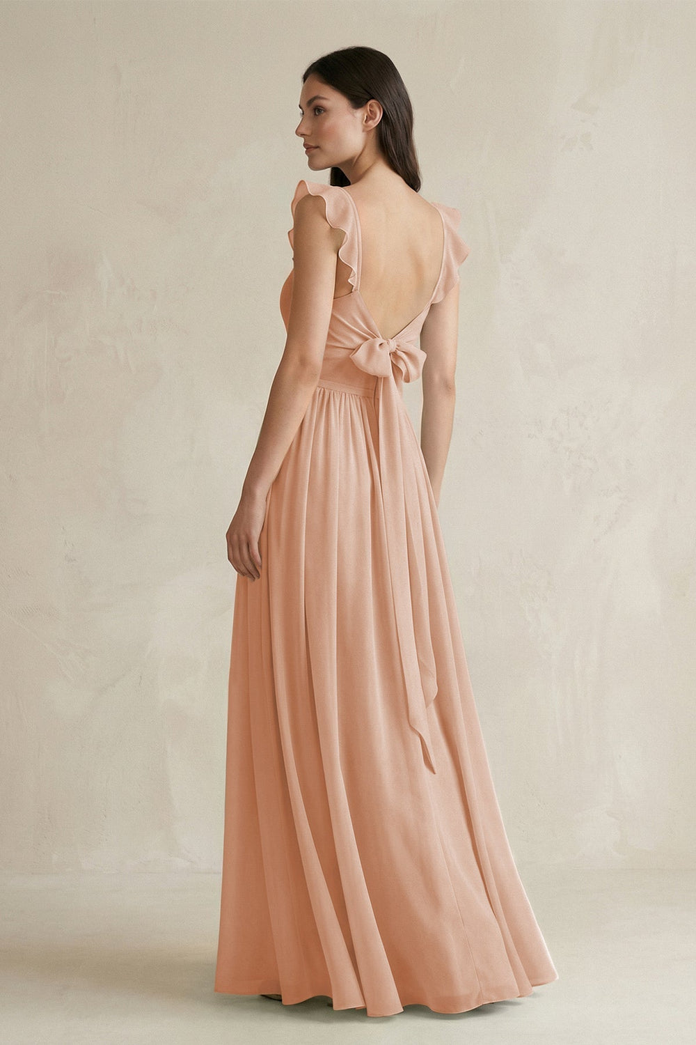 Ruffled Spaghetti Strap Chiffon A-Line Bridesmaid Dress in Champagne Rose