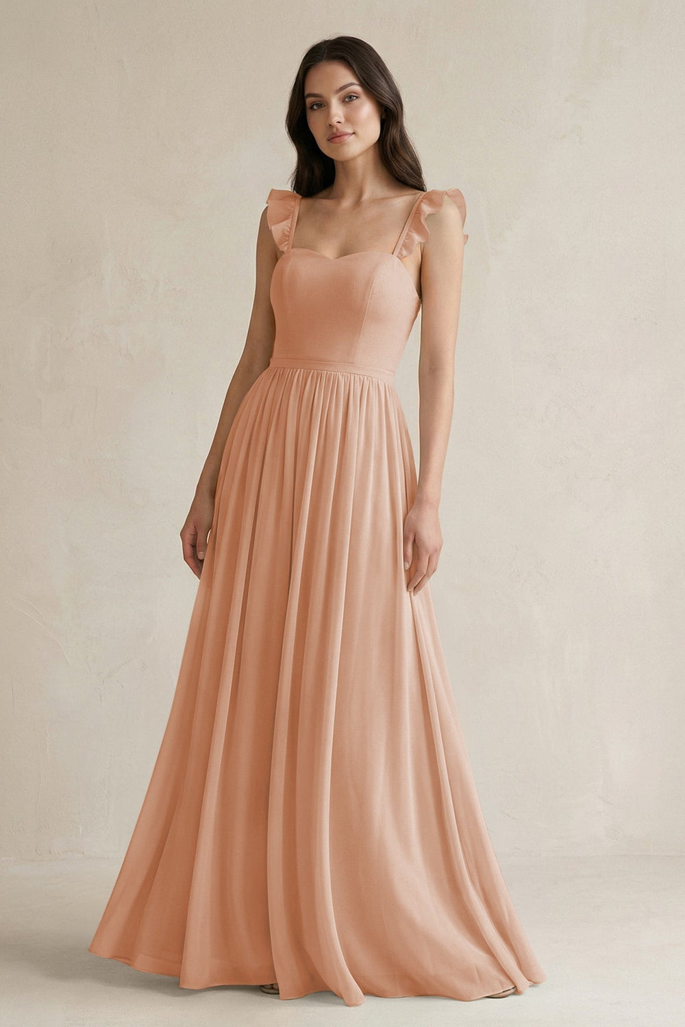 Ruffled Spaghetti Strap Chiffon A-Line Bridesmaid Dress in Champagne Rose