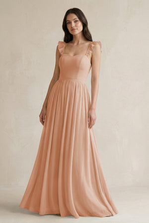 Ruffled Spaghetti Strap Chiffon A - Line Bridesmaid Dress in Champagne Rose - KISS BRIDAL Bridesmaid Dresses