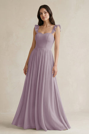 Ruffled Spaghetti Strap Chiffon A - Line Bridesmaid Dress in Dusk - KISS BRIDAL Bridesmaid Dresses