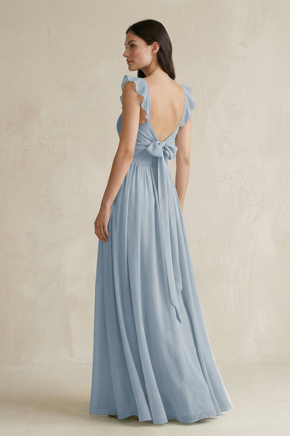 Ruffled Spaghetti Strap Chiffon A-Line Bridesmaid Dress in Dusty Blue