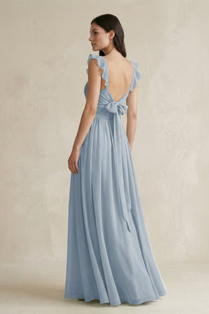 Ruffled Spaghetti Strap Chiffon A - Line Bridesmaid Dress in Dusty Blue - KISS BRIDAL Bridesmaid Dresses