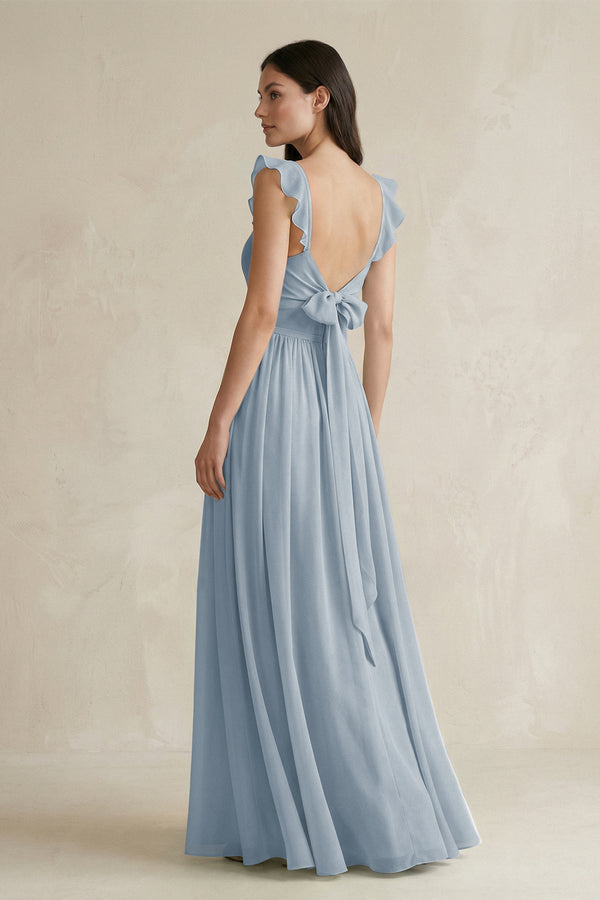 Ruffled Spaghetti Strap Chiffon A - Line Bridesmaid Dress in Dusty Blue - KISS BRIDAL Bridesmaid Dresses