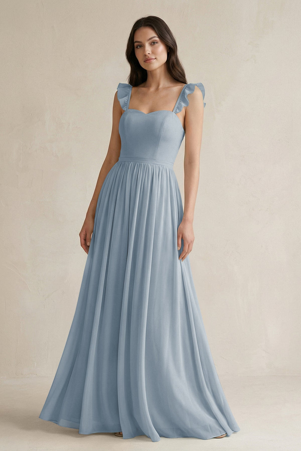 Ruffled Spaghetti Strap Chiffon A-Line Bridesmaid Dress in Dusty Blue