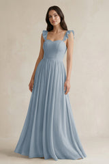 Ruffled Spaghetti Strap Chiffon A - Line Bridesmaid Dress in Dusty Blue - KISS BRIDAL Bridesmaid Dresses
