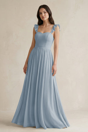 Ruffled Spaghetti Strap Chiffon A - Line Bridesmaid Dress in Dusty Blue - KISS BRIDAL Bridesmaid Dresses
