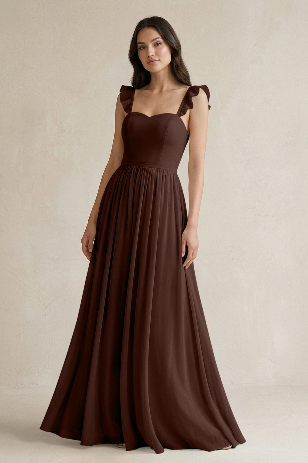 Ruffled Spaghetti Strap Chiffon A-Line Bridesmaid Dress in Espresso
