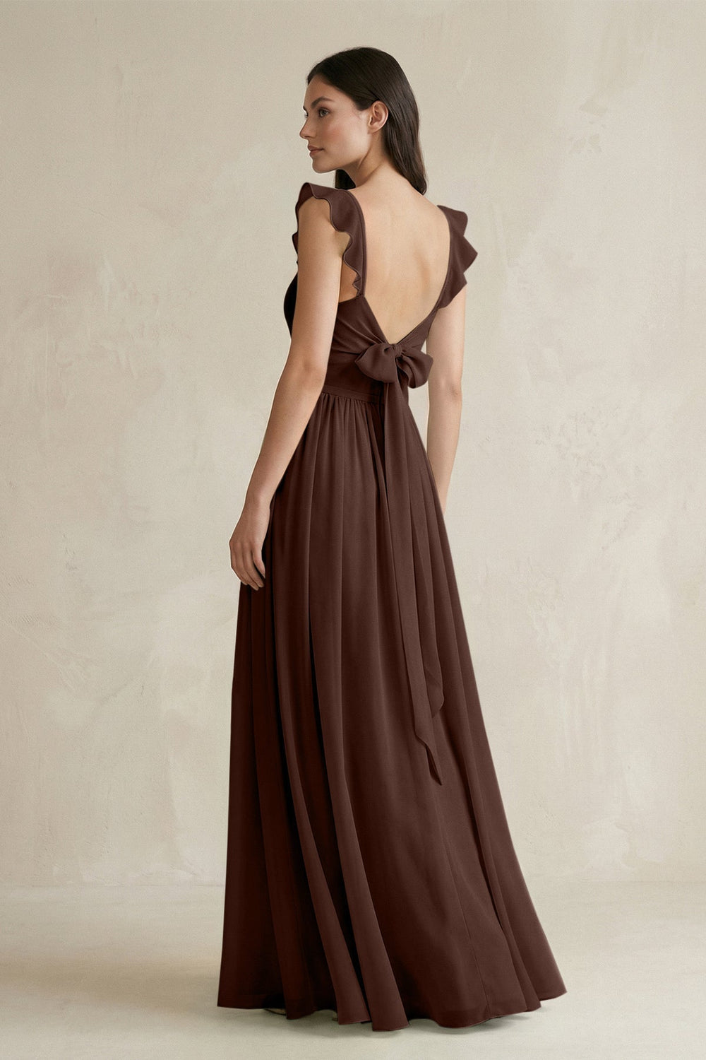 Ruffled Spaghetti Strap Chiffon A-Line Bridesmaid Dress in Espresso