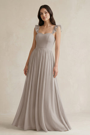 Ruffled Spaghetti Strap Chiffon A - Line Bridesmaid Dress in Frost - KISS BRIDAL Bridesmaid Dresses