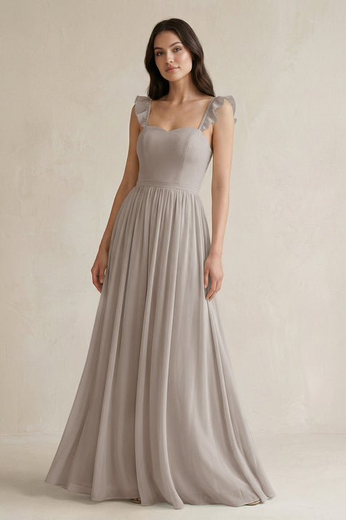 Ruffled Spaghetti Strap Chiffon A - Line Bridesmaid Dress in Frost - KISS BRIDAL Bridesmaid Dresses