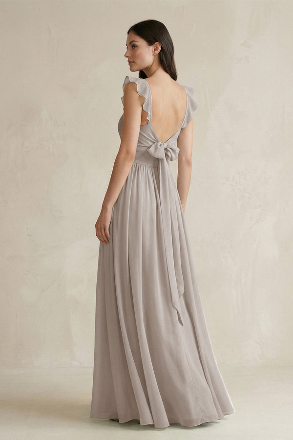 Ruffled Spaghetti Strap Chiffon A - Line Bridesmaid Dress in Frost - KISS BRIDAL Bridesmaid Dresses