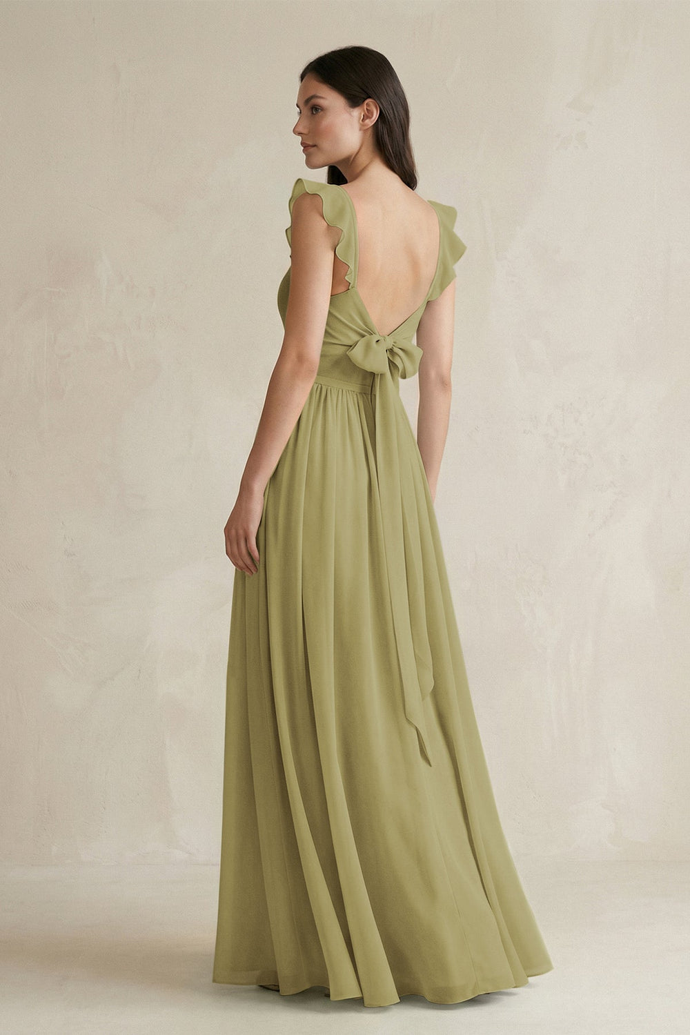 Ruffled Spaghetti Strap Chiffon A-Line Bridesmaid Dress in Moss Green