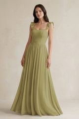 Ruffled Spaghetti Strap Chiffon A-Line Bridesmaid Dress in Moss Green | KISSBRIDAL