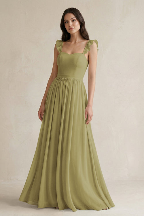 Ruffled Spaghetti Strap Chiffon A-Line Bridesmaid Dress in Moss Green | KISSBRIDAL