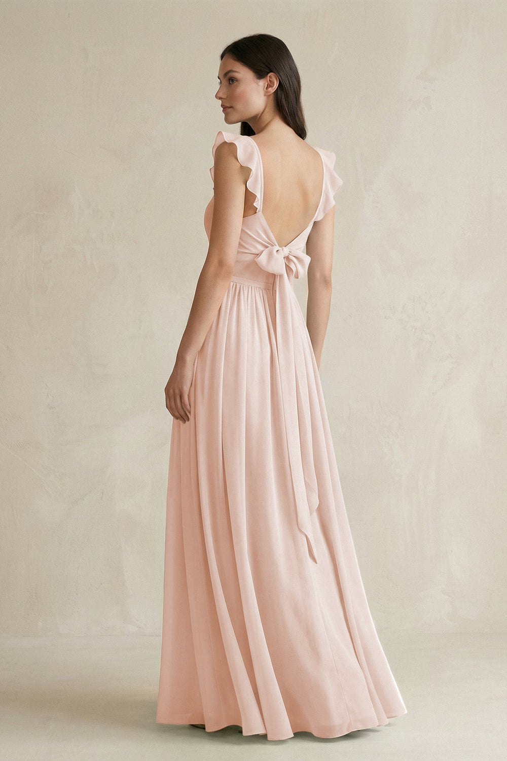 Ruffled Spaghetti Strap Chiffon A-Line Bridesmaid Dress in Pale Blush