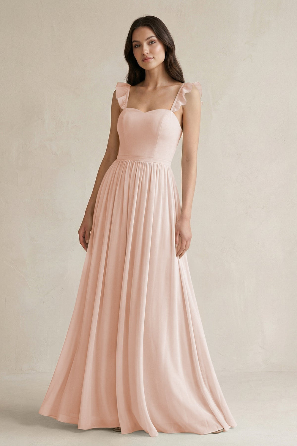 Ruffled Spaghetti Strap Chiffon A-Line Bridesmaid Dress in Pale Blush