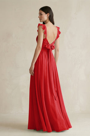 Ruffled Spaghetti Strap Chiffon A - Line Bridesmaid Dress in Ruby Red - KISS BRIDAL Bridesmaid Dresses