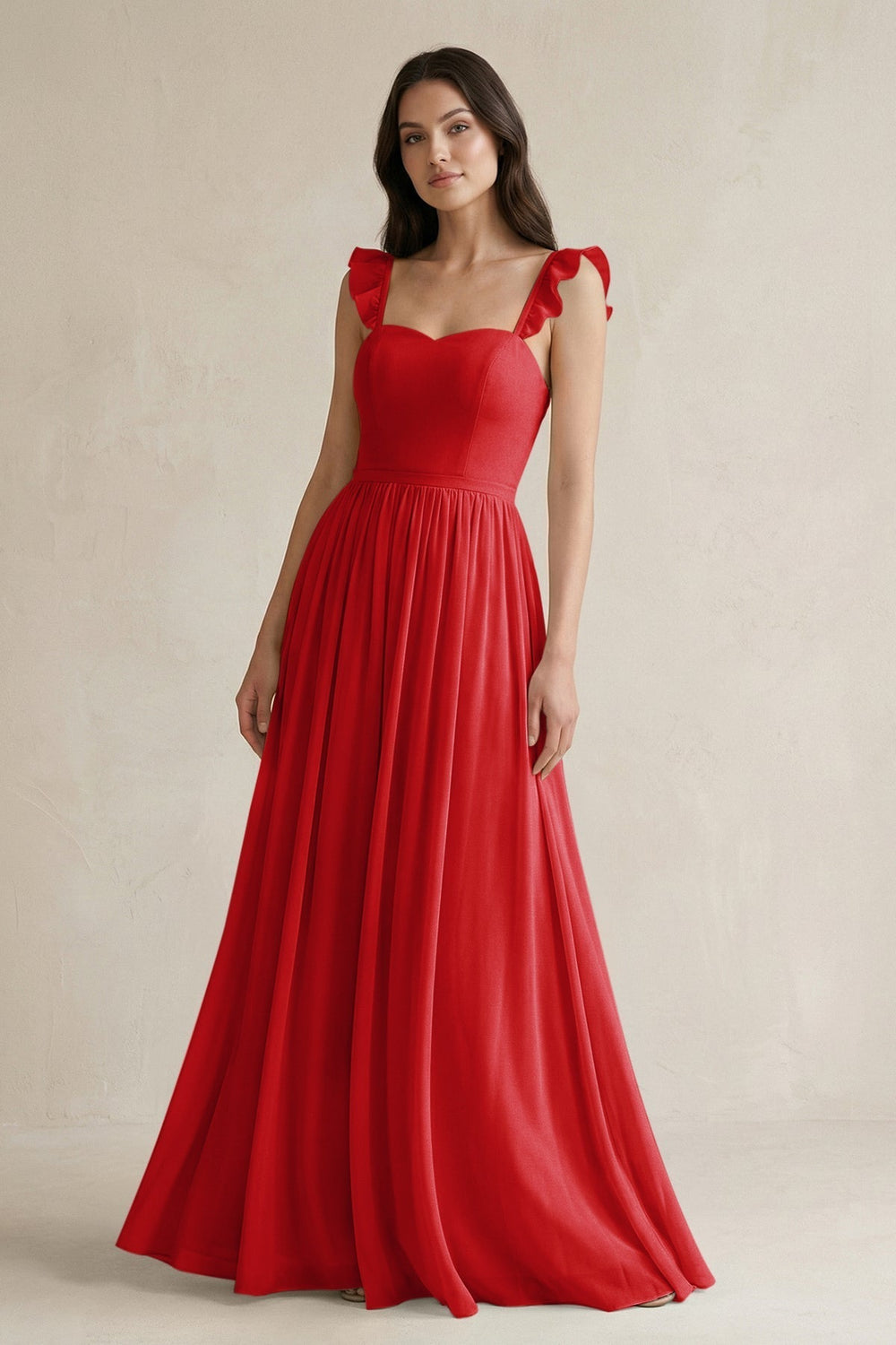 Ruffled Spaghetti Strap Chiffon A-Line Bridesmaid Dress in Ruby Red